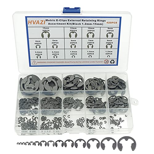 420PCS Metric 1.2-15mm E-Clips External Retaining Rings Kit | DIN 6799 Black Phosphate Circlips for Bearings, Shafts, Gears, Auto, RC, Electronics Repair