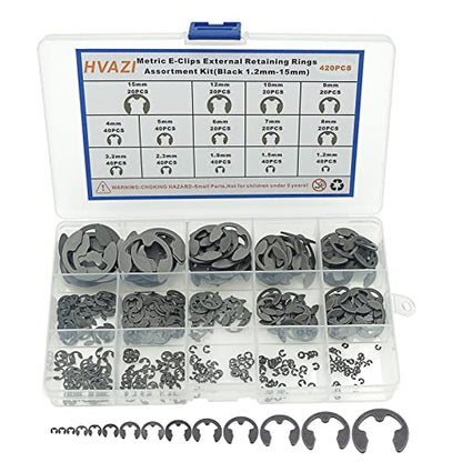 420PCS Metric 1.2-15mm E-Clips External Retaining Rings Kit | DIN 6799 Black Phosphate Circlips for Bearings, Shafts, Gears, Auto, RC, Electronics Repair