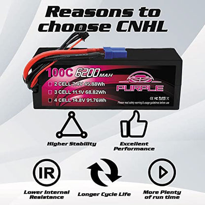 CNHL Purple Series 6200mAh 4S LiPo 14.8V 100C EC5 Plug Hard Case(2 Packs) | Premium hardcase RC battery built for RC car racing, trucks, truggies, buggies, tanks, and remote control boat models.