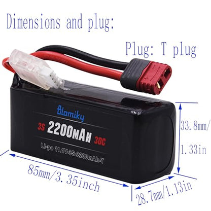 Blomiky 2 Pack 11.1V 3S 2200mAh 30C Shorty Li-PO Rechargeable T Plug Battery with XT60 Converter Suitable for MJX HP141 14209 14210 14301 14211 RC Trucks /3S 2200mAh T Shorty 2