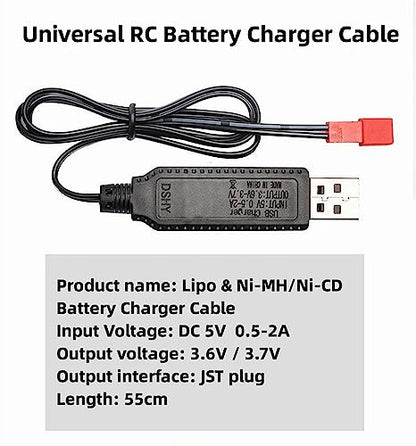 Universal Battery Charger Cable with JST Connector Plug for 3.7V 1S Lipo & 3.6V 3S Ni-MH/Ni-CD Battery Packs, Compatible with RC Car, Boat, Plane, Drone, Tank, Helicopter