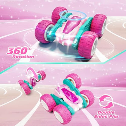 Tecnock Pink Remote Control Car for Girls and Boys, 2.4GHz RC Cars with USB-C Easy Charging, 4WD Double Sided 360° Rotates and Flips RC Stunt Car, Toys Gift for Kids Ages 6-8, 8-12 - color: Pink