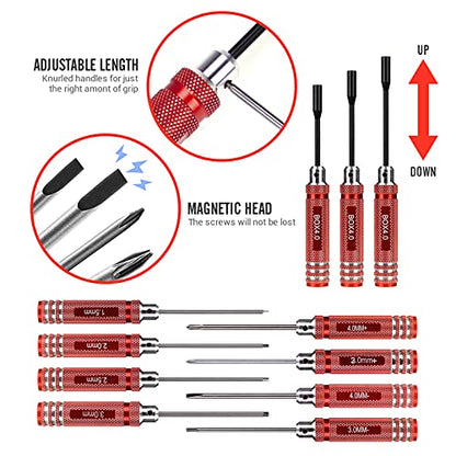 RC Car Tool Kit (27pcs), Screwdriver Set (Flat, Phillips, Hex), Pliers, Cross Wrench, Body Reamer, Stand, Polished Bar Hobby Repair Tools for Traxxas Car Quadcopter Drone Helicopter Airplane