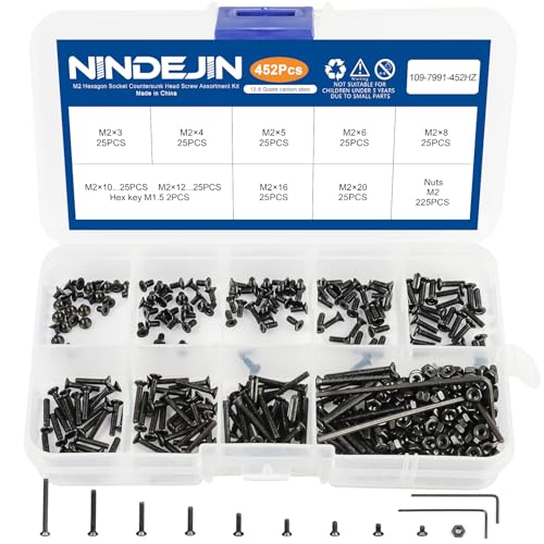 NINDEJIN M2 Screws, Metric M2-0.4 Flat Head Allen Socket Drive Screw, 452 pcs M2 Tiny Nuts Assortment Kit for 3D Printing Projects, RC Airplanes and Other Small Projects (9 Screw Lengths) - size: 452Pcs M2 3mm-20mm