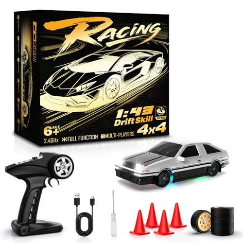 RC Drift Car, 1/43 Mini RC Drift Car with Gyro, 2.4GHz Full Proportional Control, 20KM/H 4WD High Speed Remote Control Alloy, LED Lights & Drift Tires, Toys Gift for Adults, Boys and Girls - color: White and Black