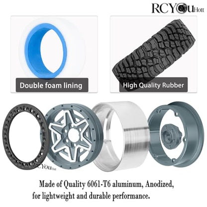 RC 1.9" Beadlock Wheels and Tires Set for 1/12 M-J-X H12Y H12Y+ H12P MN-128 RC Crawler,Wheels Tire OD 90MM/3.54",Aluminium Wheel Rims (4PCS),1.9" Beadlock Wheel Tires,Titanium - color: Titanium- (Wheel Tires)