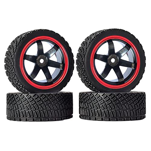 4PCS 65mm RC Rally Car Rubber Tires and 6-Spokes Wheel Rims 12mm Hex Compatible with 1/10 RC On-Road Rally Racing Car HSP Tamiya Sakura HPI WR8 HSP TT02 WLtoys (Black/Red) - color: Black/Red