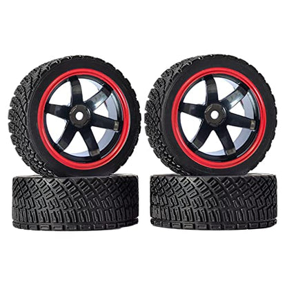 4PCS 65mm RC Rally Car Rubber Tires and 6-Spokes Wheel Rims 12mm Hex Compatible with 1/10 RC On-Road Rally Racing Car HSP Tamiya Sakura HPI WR8 HSP TT02 WLtoys (Black/Red) - color: Black/Red