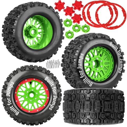 17mm Hex 1/7 1/8 1/10 RC Wheels and Tires for 1/10 Revo/Summit/T-Maxx/E-Revo,1/8 Kraton/Outcast/Fireteam/Notorious 6S,Sledge,1/7 Fireteam 6S,etc RC Monster Truck,(4Pcs) Red Green - color: Red Green - (Rc Truck Tires)