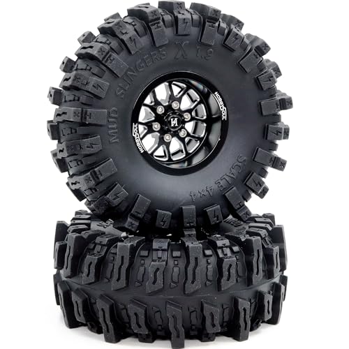 -10.5mm Negative Offset 1.9 Beadlock wheels and tires, 4.85'' Tall Mud Slingers X T8 1.9 Tires and Wheels set For 1/10 Crawler SCX10 TRX4 Upgrades,HS701549 - color: Black