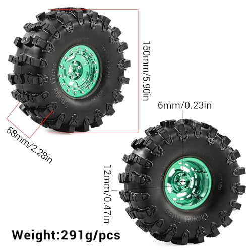2.2" Beadlock Wheel Rims and Rubber Crawler Tires 150mm (5.91in) for 1/10 RC Crawler SCX10 RBX10 Wraith TRX4 (Green) - color: Green
