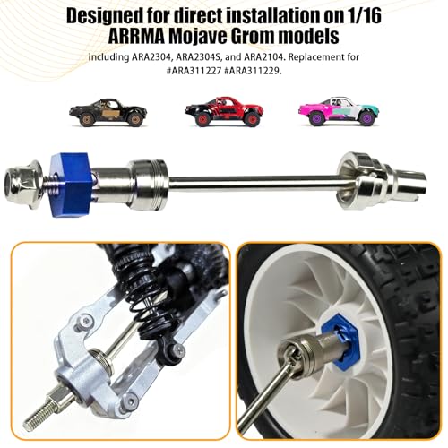 Hardened Steel CVD Drive Shafts Set with Adapters, Nuts, Center Drive Cups, Front Rear Dogbone Driveshaft Axles Upgrades Part for 1/16 Mojave Grom ARA2304, ARA2304S, ARA2104 (Silver,Blue) - color: Silver-blue