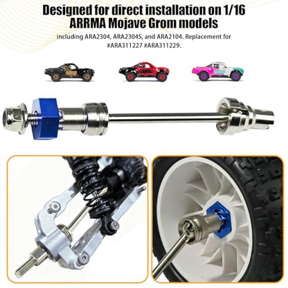 Hardened Steel CVD Drive Shafts Set with Adapters, Nuts, Center Drive Cups, Front Rear Dogbone Driveshaft Axles Upgrades Part for 1/16 Mojave Grom ARA2304, ARA2304S, ARA2104 (Silver,Blue) - color: Silver-blue