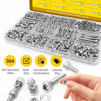 490pcs M4 Screws,Nuts and Washers Assortment kit, M4x6/8/10/12/16/20/25/30 mm Hex Socket Head Cap Screw Bolts Nuts Washer Kit,304 Stainless Steel Bolt Set for DIY, 3D Printer - size: SS M4 490pcs