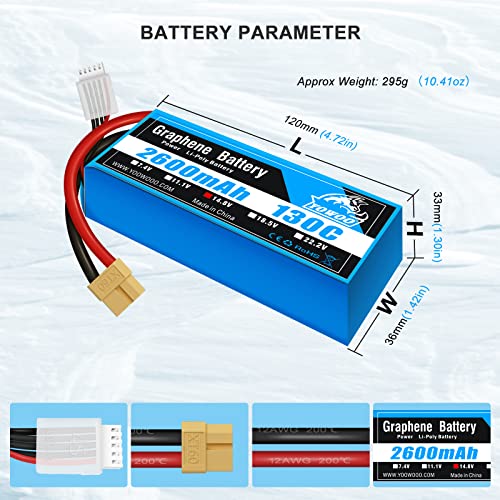 YOWOO 2 Pack LiPo Battery 14.8V 2600mAh 130C 4S Graphene Battery with XT60 Plug for RC Evader BX Car Truck Truggy RC Airplane Helicopter Quadcopter UAV Drone FPV Racing Vehicle Boat