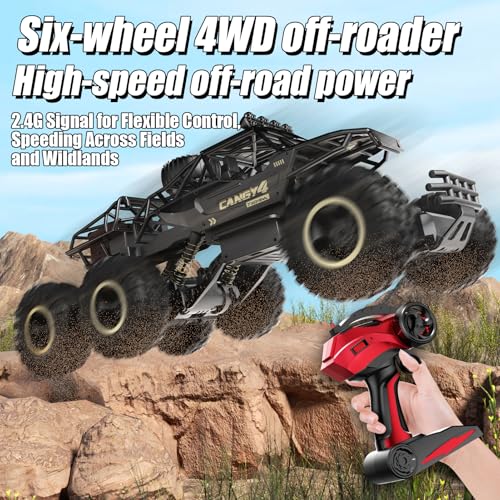 Large Size RC Cars, Rock Crawler RC Truck with 2 Rechargeable Batteries, 6 Wheel Remote Control Monster Truck, Durable Metal Body & LED Headlights, Boy Toys for 4-7, 8-12 Kids & Adults - color: 6 Wheels Black