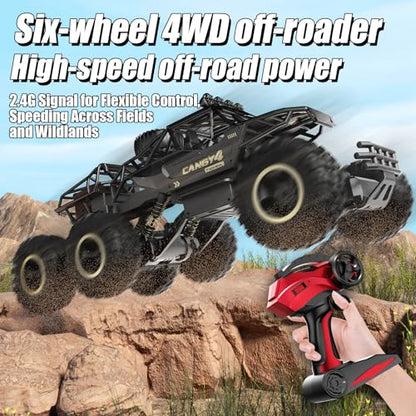 Large Size RC Cars, Rock Crawler RC Truck with 2 Rechargeable Batteries, 6 Wheel Remote Control Monster Truck, Durable Metal Body & LED Headlights, Boy Toys for 4-7, 8-12 Kids & Adults - color: 6 Wheels Black