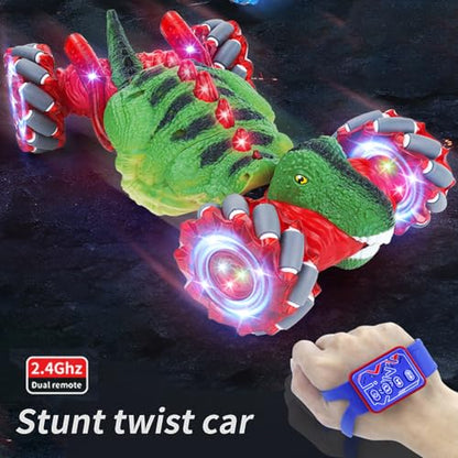 RC Stunt Car, Dinosaur Remote Control Car, 2.4GHz 4WD Gesture Sensing RC Cars with 360° Rotating, Lights and Music, 2 Batteries, Birthday Gifts (Red), HG4-44