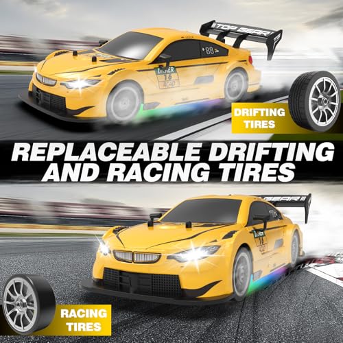 RC Drift Car 1:16, 2.4GHz 4WD Remote Control Car, 30+KM/H High Speed Drifting RC Cars with LED Lights Two Batteries and Drift Tires Racing Cars for Adults Boys Kids, Yellow - color: Yellow