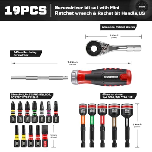 19 Pieces Ratcheting Screwdriver Set and Socket Wrench Set, Mini Rachet Wrench, Rachet Screwdriver Handle and Nut Driver with 12 Pcs Impact Screwdriver Bit, Hand Tools Set for Repair DIY - style: RM019-US
