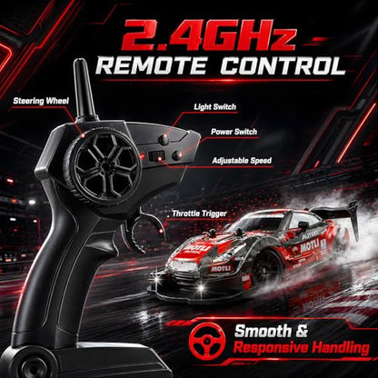 HTURCCOP 1:20 RC Drift Car 2.4GHz 4WD High Speed Drift Remote Control Cars Vehicle with LED Lights and Drifting Tires Batteries x2 Racing Sport Toy Cars for Adults Boys Girls Kids (Red) - color: Red