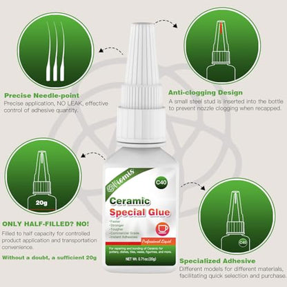 20g Ceramic Glue, Instant Ceramic Super Glue for Porcelain & Pottery | Fast Drying | Heat Resistant | Waterproof Strong Adhesive for Bonding Ceramic, Dishes, Tiles, DIY Crafts - size: 20g Ceramic Glue