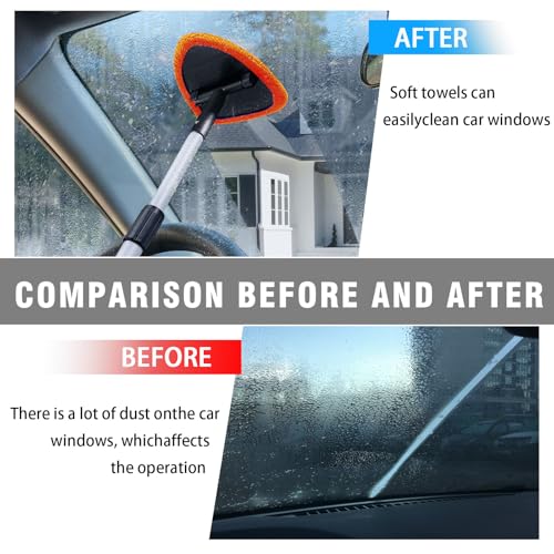 4 Pack Windshield Cleaning Tool with Extendable Handle, Orange | aluminum ABS and microfiber body, pivoting head, reusable cloth pads, fits most vehicle glass, auto cleaning tools - color: Orange
