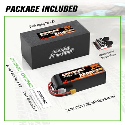 OVONIC 4s Lipo Battery 120C 2200mAh 14.8V Lipo Battery with XT60 Connector forRC FPV Racing Drone Quadcopter(with Lipo Voltage Checker)