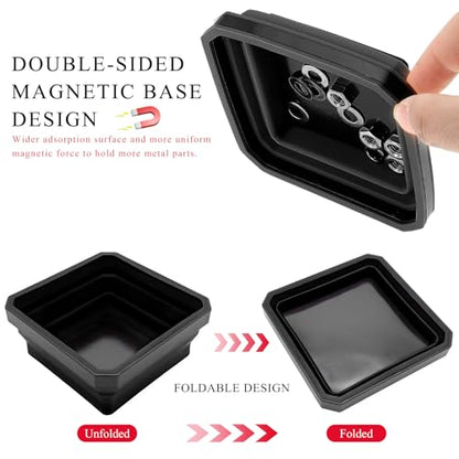 Collapsible Magnetic Parts Tray, 4.5" Square Silicone Tool Tray with Dual-Sided Magnetic Base, Foldable Small Metal Parts Organizer Storage Bowl for Screws Bolts Nuts Washers (Black) - color: Black
