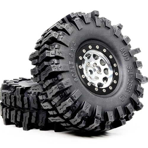 120mm Tall 1.9 Mud Slingers T8 Tires Tyres Mounted on Aluminum 1.9 Beadlock Wheels for 1/10 RC TRX4 SCX10 Gen8 Upgrades, (4-Pack, HS700570) - color: Silver & Black