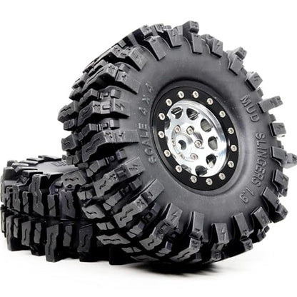 120mm Tall 1.9 Mud Slingers T8 Tires Tyres Mounted on Aluminum 1.9 Beadlock Wheels for 1/10 RC TRX4 SCX10 Gen8 Upgrades, (4-Pack, HS700570) - color: Silver & Black