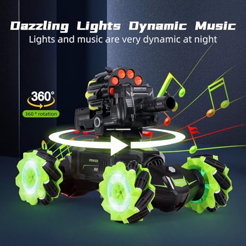 Rc Car Shoot SoftBullet,Fits for Nerf, Remote Control Hand Gesture Stunt Drift Truck, 360°Rotating Battle Tanks with Soft Bullets Water Bomb, Spray, Music, Led, Toy Gifts（Green） - color: Green
