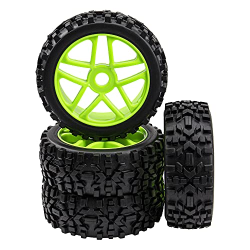 17mm Hub 4.52''OD Rubber Tires & Plastic Wheel Rim with Foam Compatible with 1/8 Scale Arrma Python HSP Redcat Kyosho ExceedRC Traxxas Losi HPI XTR Badlands Off-Road RC Buggy (Green)
