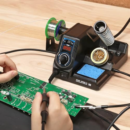 926LED V3 Entry-Level 60W Soldering Station Iron Kit in Black with Temperature Control includes Helping Hands, Lead-Free Solder, 6 Soldering Tips, ESD-Safe Tweezers, Sleep Mode - color: Black