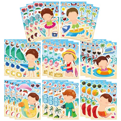 24PCS Summer Stickers for Kids, Make-a-face Stickers, Make Your Own Sticker | Ideal Summer Crafts for Girls Boys, Preschool Holiday Party, Goodie Bags Stuffers - style: 24 Sheet Summer Stickers