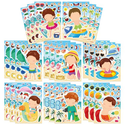 24PCS Summer Stickers for Kids, Make-a-face Stickers, Make Your Own Sticker | Ideal Summer Crafts for Girls Boys, Preschool Holiday Party, Goodie Bags Stuffers - style: 24 Sheet Summer Stickers