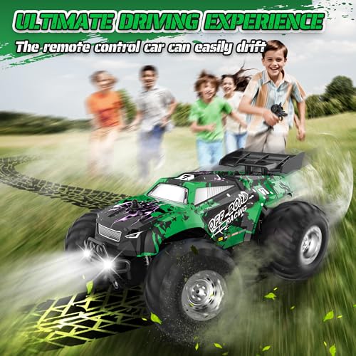 All-Terrain Remote Control Car for Boys 8-12 Headlight (Green) | Monster Remote Control Truck Rechargeable, 2 Motors 10KM/H 2.4GHZ Speed-friendly, Sturdy RC Cars for Christmas Beginner Kids - color: Green