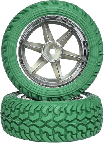 4PCS 75mm Rubber Tires and 6Spokes Plastic Wheel Rims Tyre for 1/10 RC On-Road Drift Racing Car 1:14 1:16 Rally Car for Tamiya Kyosho HPI HSP TT02 Upgrades Parts (Green Silver) - color: Green Silver