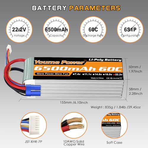 Youme 6S LiPo Battery 22.2V 6500mAh 60C EC5 Plug 2Packs for RC Car Plane | Soft Case 22.2V RC Battery high energy density for 1/6 1/7 Car Truck 550/700/800 Helicopter Airplane EDF jets boats