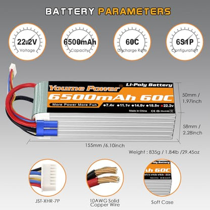 Youme 6S LiPo Battery 22.2V 6500mAh 60C EC5 Plug 2Packs for RC Car Plane | Soft Case 22.2V RC Battery high energy density for 1/6 1/7 Car Truck 550/700/800 Helicopter Airplane EDF jets boats