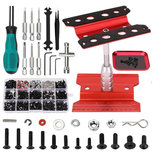 RC Car Repair Work Stand 532 PCS RC Repair Screws Set Kit 360 Degree Rotation RC Repair Station Screwdrivers Screws Pallet Kit for 1/8 1/10 1/12 1/16 1/18 RC Crawler Truck Buggy - color: Red