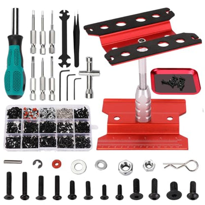RC Car Repair Work Stand 532 PCS RC Repair Screws Set Kit 360 Degree Rotation RC Repair Station Screwdrivers Screws Pallet Kit for 1/8 1/10 1/12 1/16 1/18 RC Crawler Truck Buggy - color: Red