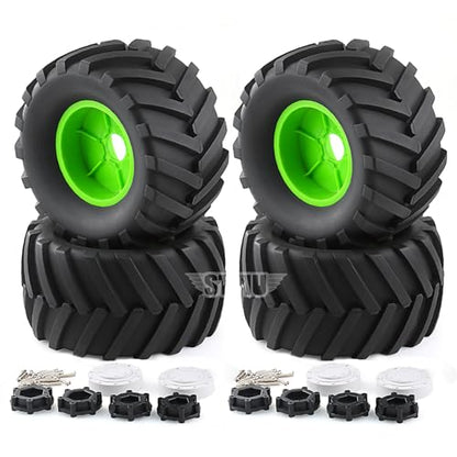 RC Monster Truck Tires and 17mm&14mm Hex Wheels Rims Rubber Buggy Tyres for 1/8&1/7 Scale Off Road Truck Car Kaiju Tmaxx E-Revo 3.3 Arrma Kraton 6S Typhon 3S HPI Redcat Traxxas Maxx (Green) - color: Green