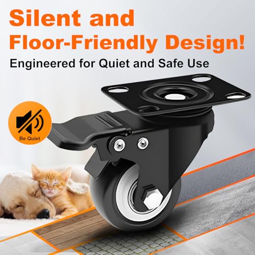 2 Inch Plate Caster Set of 4, PU Swivel Wheel with Dual Brakes - Black | Smooth 360° rotation,dual locking brake,silent PU wheels - color: Black, size: 2 IN