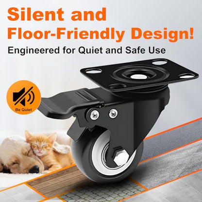 2 Inch Plate Caster Set of 4, PU Swivel Wheel with Dual Brakes - Black | Smooth 360° rotation,dual locking brake,silent PU wheels - color: Black, size: 2 IN