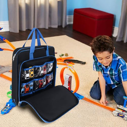 Toy Car Carrying Case, Portable Storage Organizer Bag Compatible with Hot Wheels/Matchbox 1:64 Scale Diecast Cars, Large Travel Tote for Kids Mini Toys, Dolls, Crafts - Bag Only (Blue)