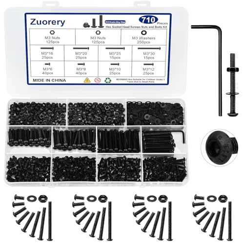 710PCS M3 Screw Assortment Kit, M3x6/8/10/12/16/20/25/30mm M3 Screw Kits | 10.9 Grade Alloy Steel Metric Hex Button Head Cap Screws, Nuts and Flat Washers, Black Zinc Plated Screw Set for 3D Printing - size: M3