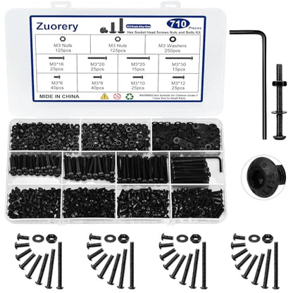 710PCS M3 Screw Assortment Kit, M3x6/8/10/12/16/20/25/30mm M3 Screw Kits | 10.9 Grade Alloy Steel Metric Hex Button Head Cap Screws, Nuts and Flat Washers, Black Zinc Plated Screw Set for 3D Printing - size: M3