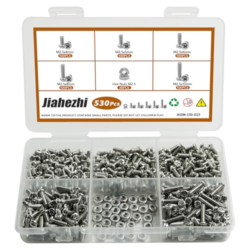 530Pcs M2.5 304 Stainless Steel Metric Micro Screws Nuts Assortment | M2.5x4/5/6/8/10mm Sizes, Phillips Pan Head, Fully Threaded Kit for Arduino, RC Models, Electronics, DIY Projects - size: M2.5x4/5/6/8/10- 530 Pcs