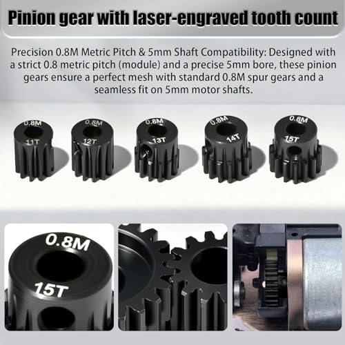 5Pcs 0.8M Hardened Steel Pinion Gear Set 5mm Shaft 11T 12T 13T 14T 15T Motor Pinion Gear with M4 Screw and Hex Key, for Arrma HPI Kyosho Losi Axial Traxxas Tamiya 1/10 RC Car and 540/550 Motors - size: 0.8M-5mm-11-15T